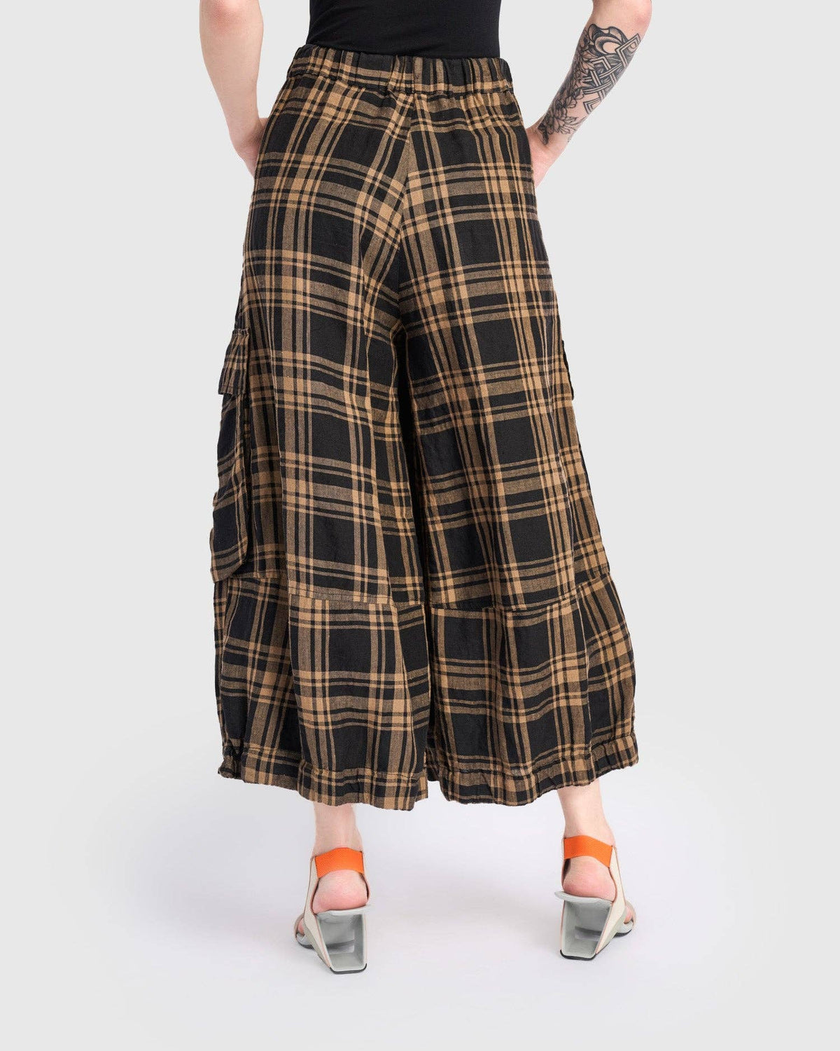 Linen Wide Cargo Pants, Brown/Black Plaid: Check / 1 (US 6-8)