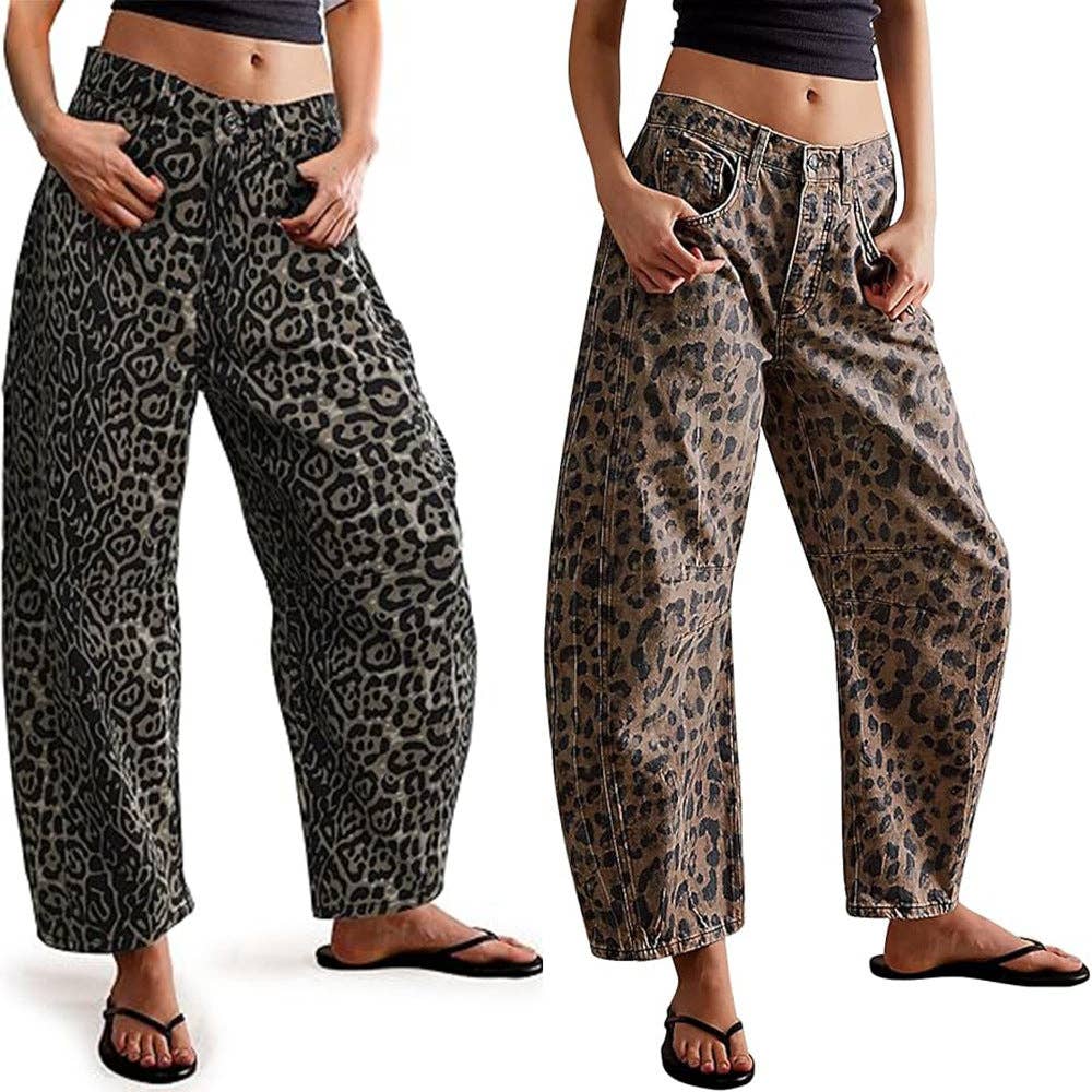 Casual Loose Mid-Rise Straight-Leg Women's Jeans: Brown Leopard / M