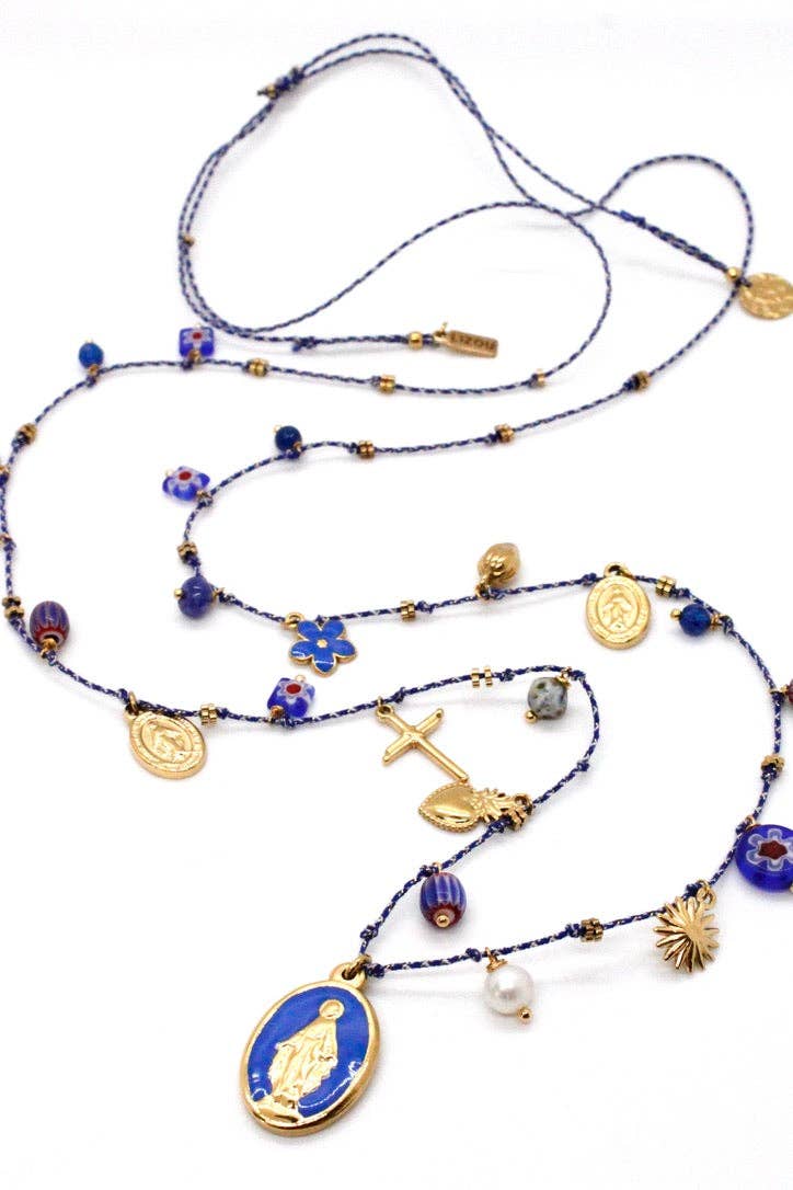 Long Religious Saint and Charm Necklace - N2-2619: Turquoise