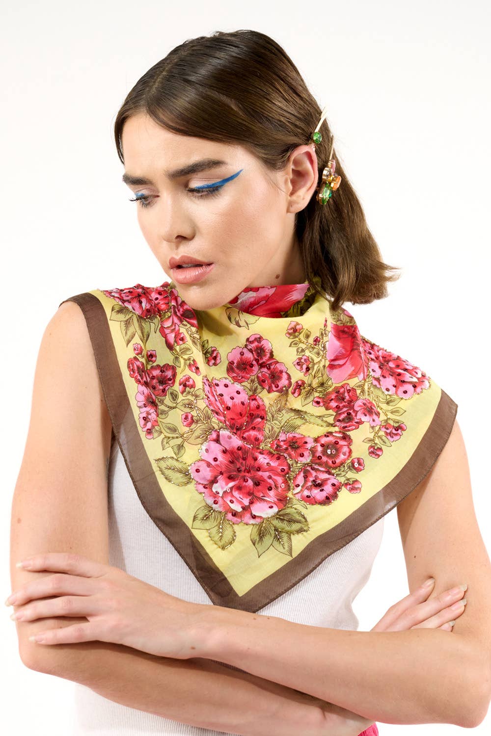 Beauty Hand Embellished Bandana Scarf: Yellow/red floral / One Size