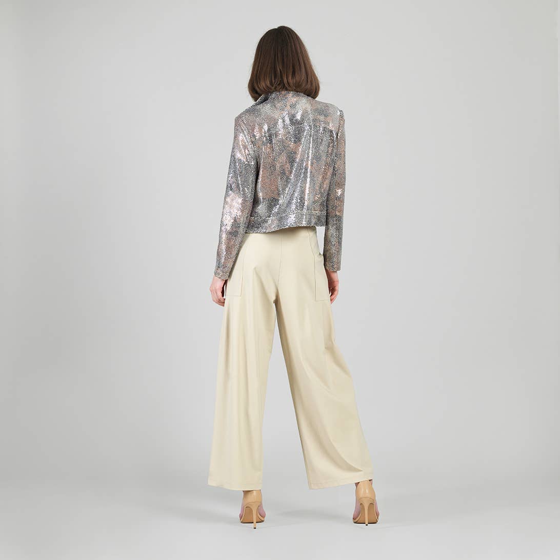 JK427S - Sequin Knit - Moto Waist Jacket: Champagne / S