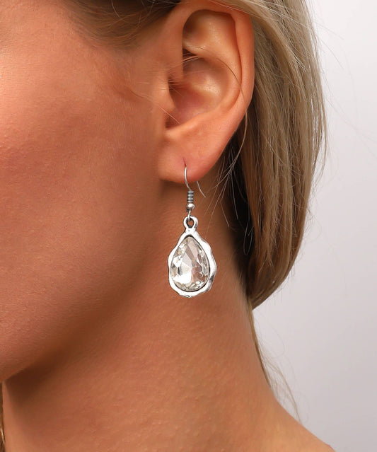 Antique Silver Plated White Crystal Stone Earrings