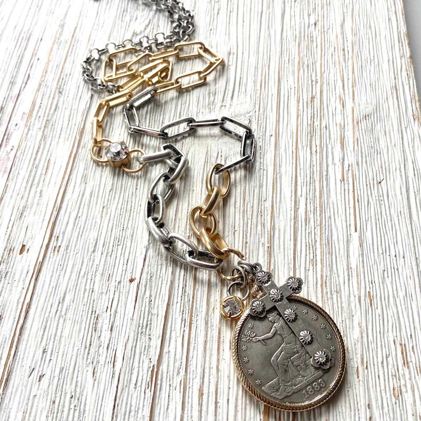 Coin necklace mixed metal jewelry vintage boutique jewelry