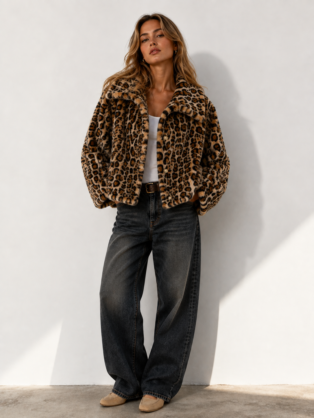 Astoria Faux Fur Snap-Front Cropped Jacket Leopard Fur: Leopard Espresso / S/M