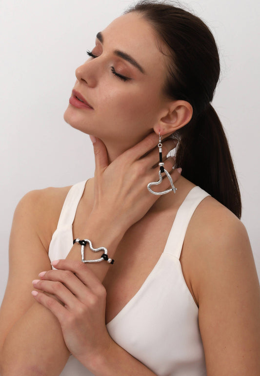 Unique Hummered Surface Open Heart Bracelet and Earrings Set