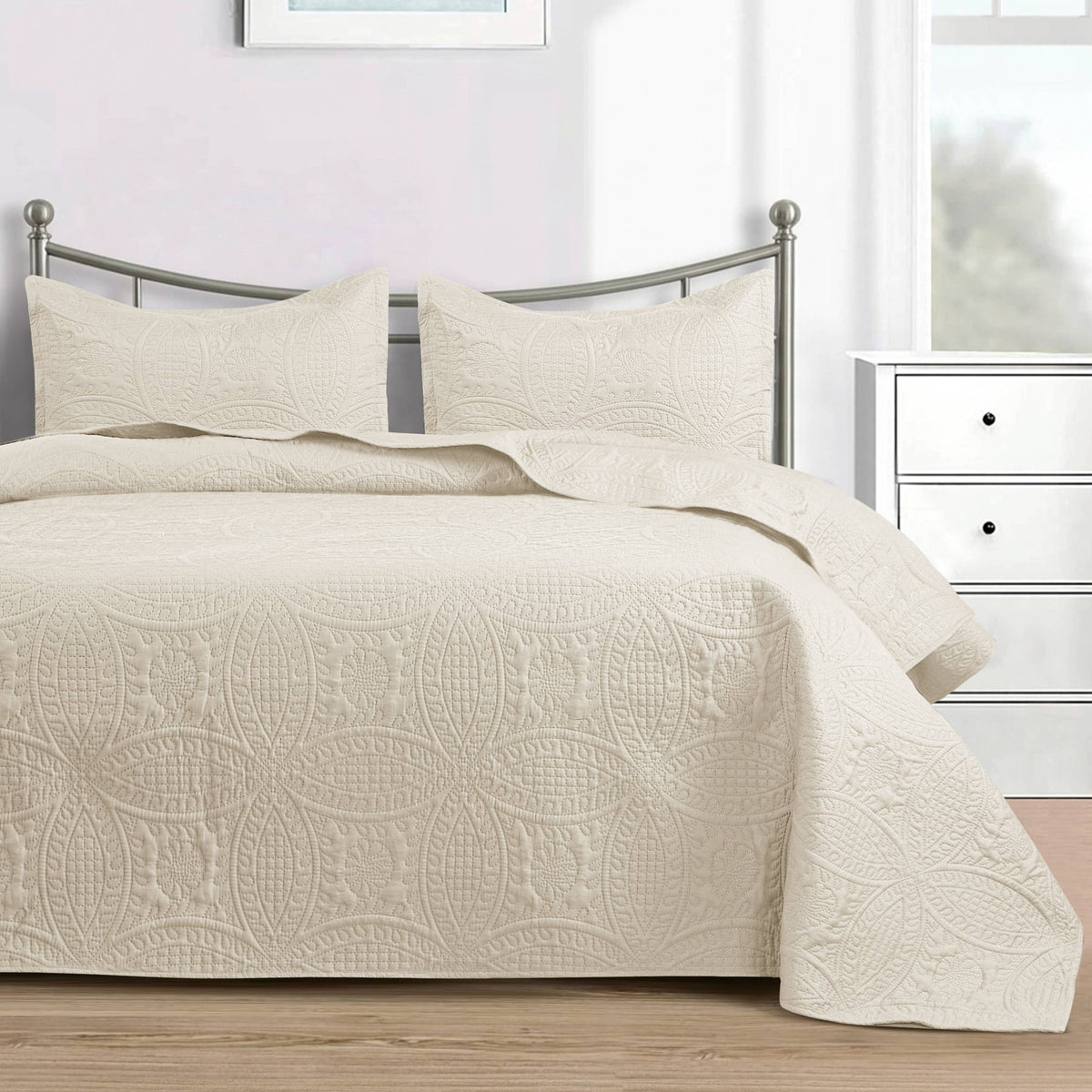 Quilted Bedspread 3 Pc Coverlet Bedding Quilt Set All Season: Full/Queen / Grey
