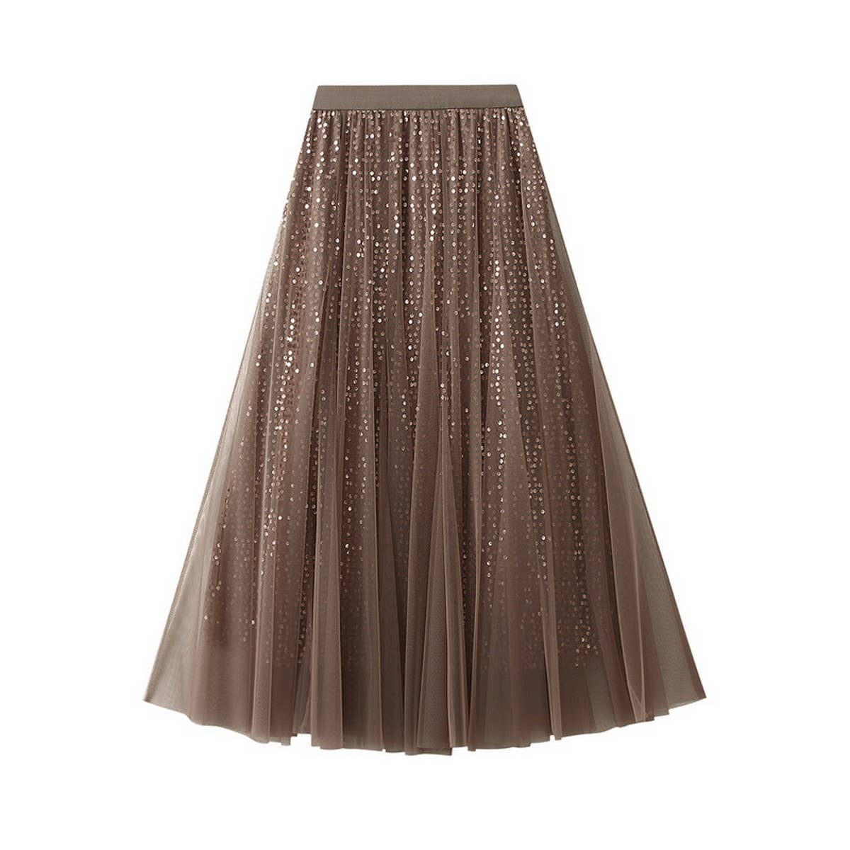 Sequin Tulle A-Line Maxi Skirt with Flowing Drape_CWBMS0377: Gray / (OS) 1