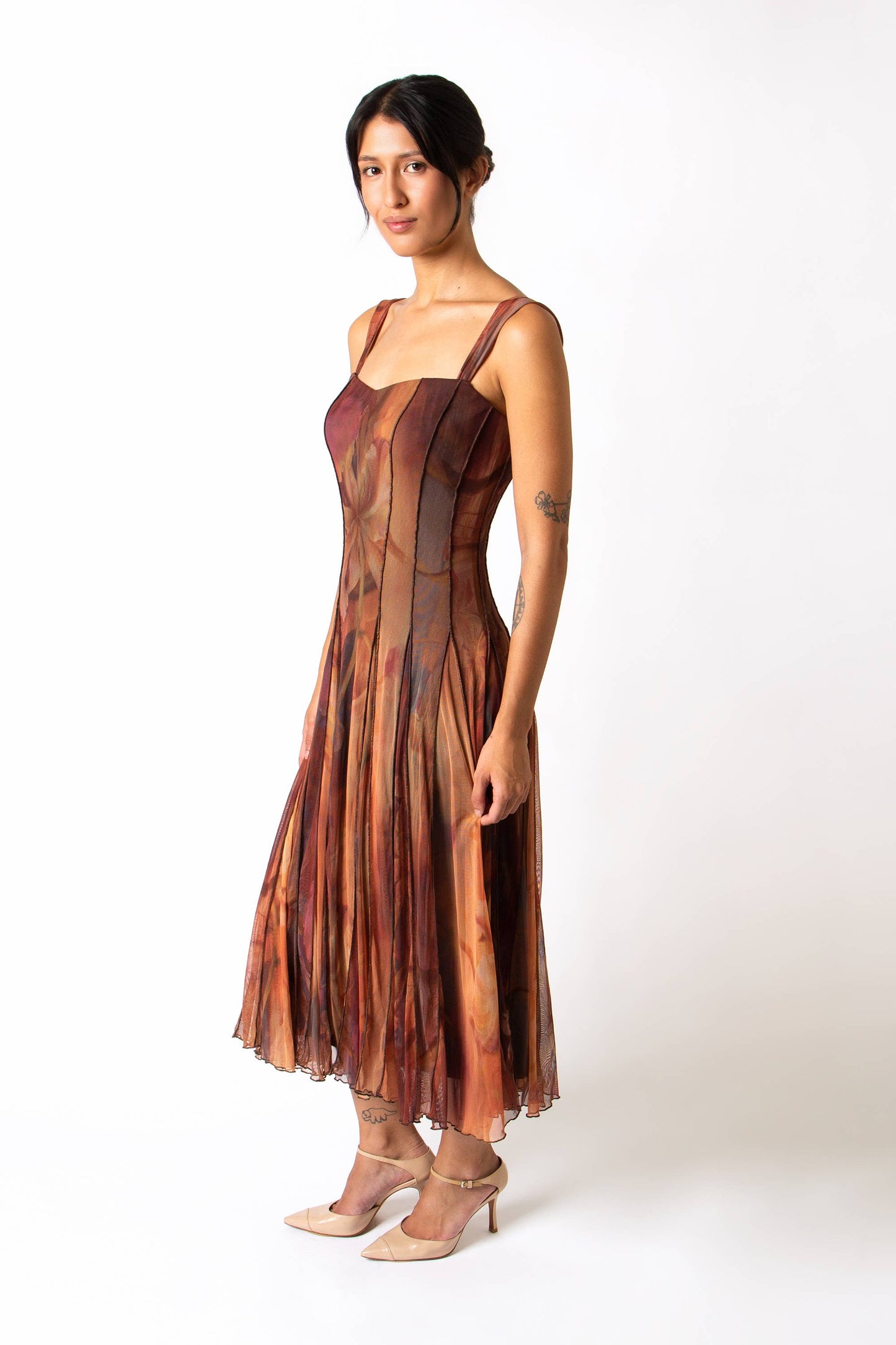 IONNA Sleeveless Tea Length Fit N Flare Paneled Dress : M
