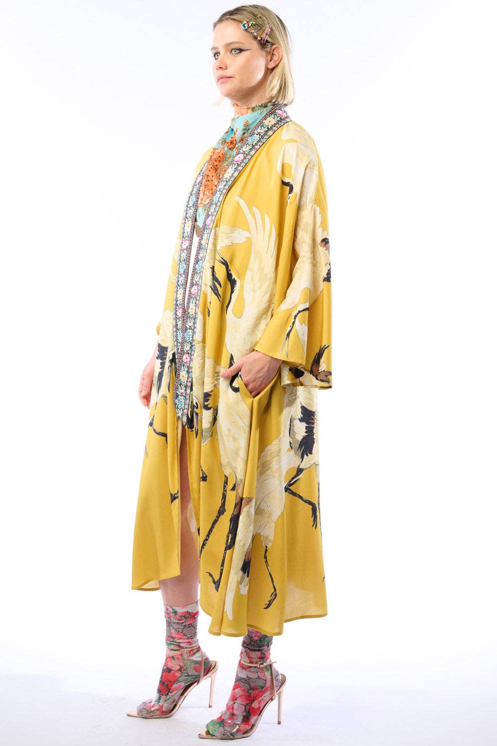 Story of the Crane Kimono - Mustard | Bohemian Coverup Robe: Mustard / One size