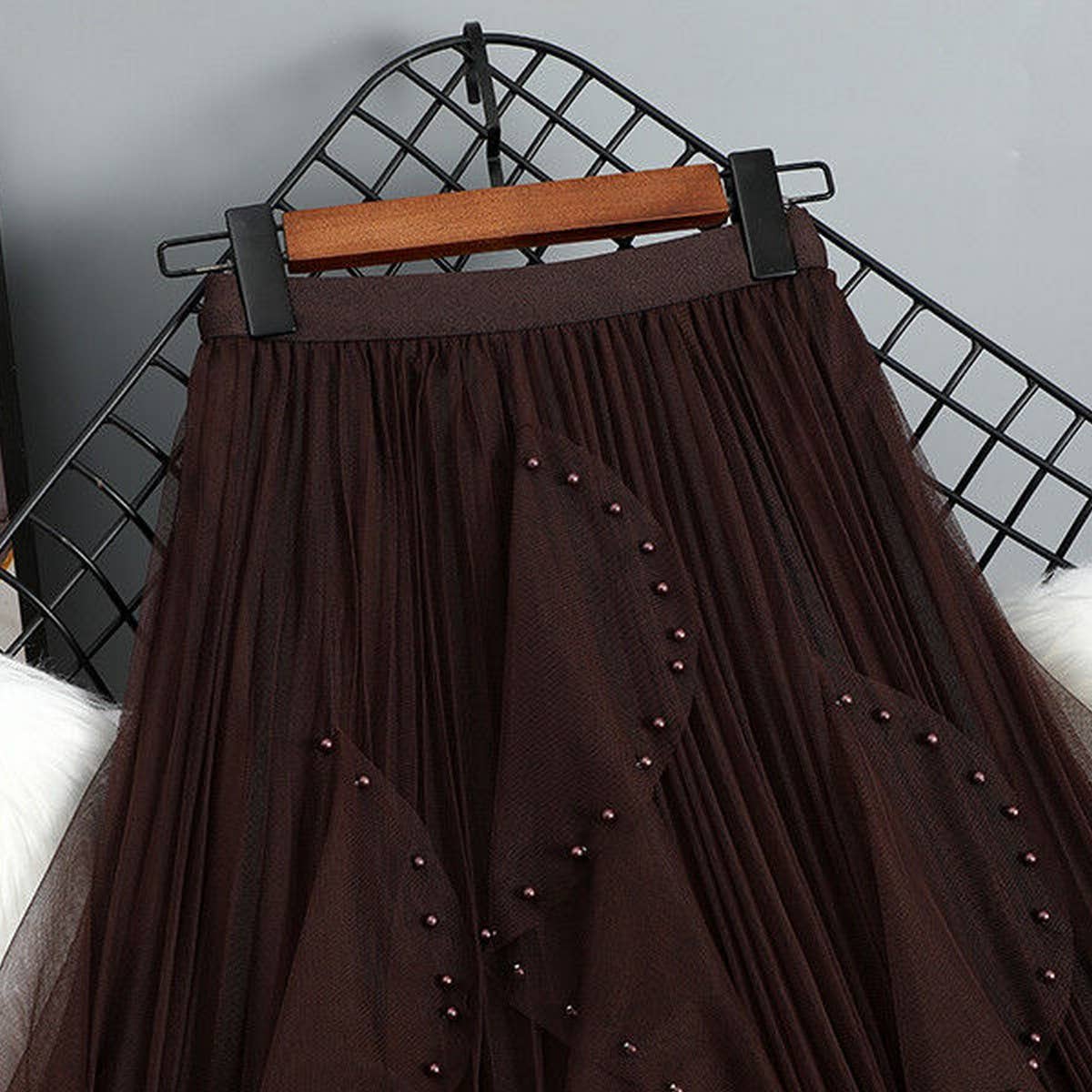 BEADED MESH PLEATED SKIRT A LINE TULLE SKIRT_CWBLS0398: GREY / (OS) 1