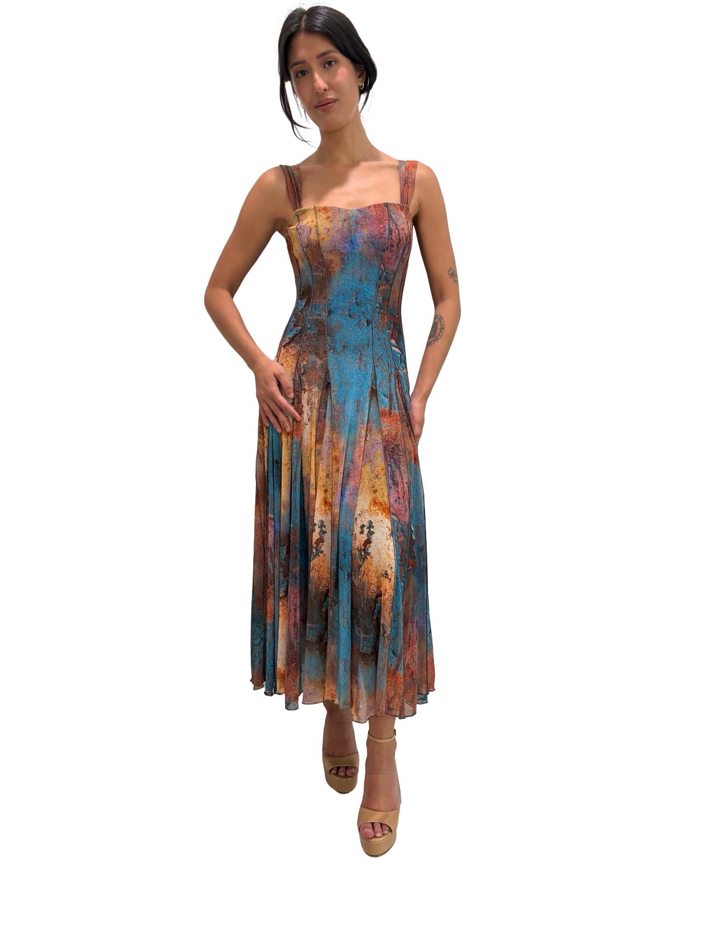 MONET Sleeveless Tea Length Fit N Flare Paneled Dress : S