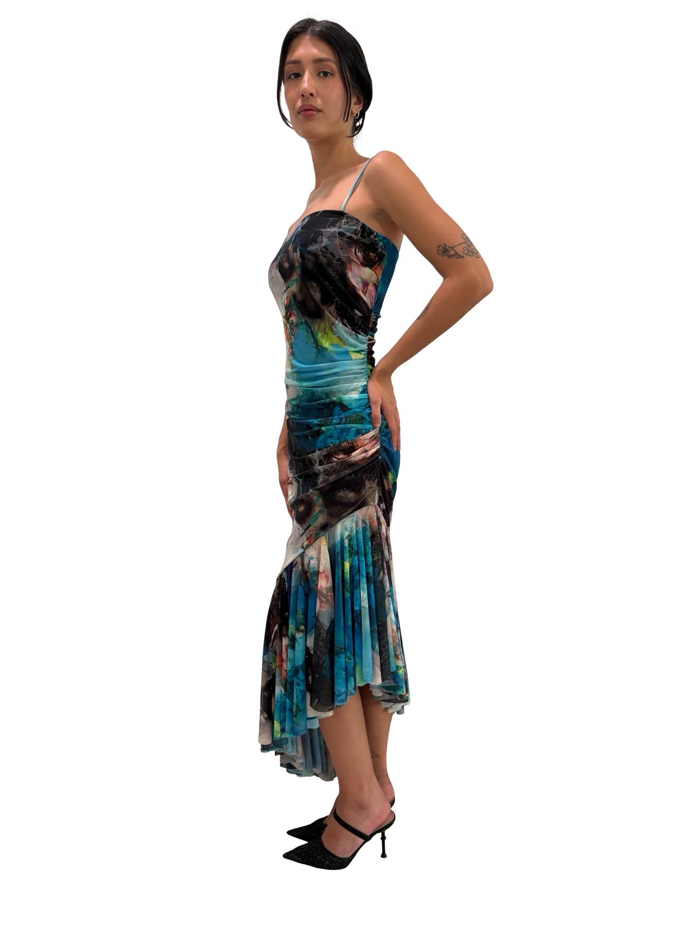 TIANNA Side Ruched Slanted Ruffled Hemline Long Dress : S