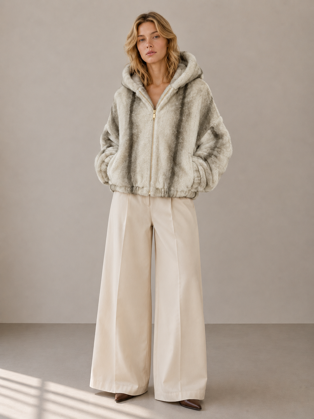 Oyster Bay Jacket — Hooded Faux Fur Zip Jacket: Espresso Leopard / S/M