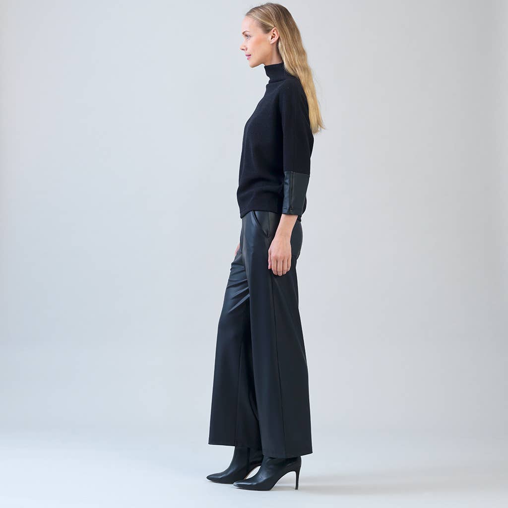 T223WLR - Plush Ribbed - Liquid Leather Cuff Sweater Top: Black / XL