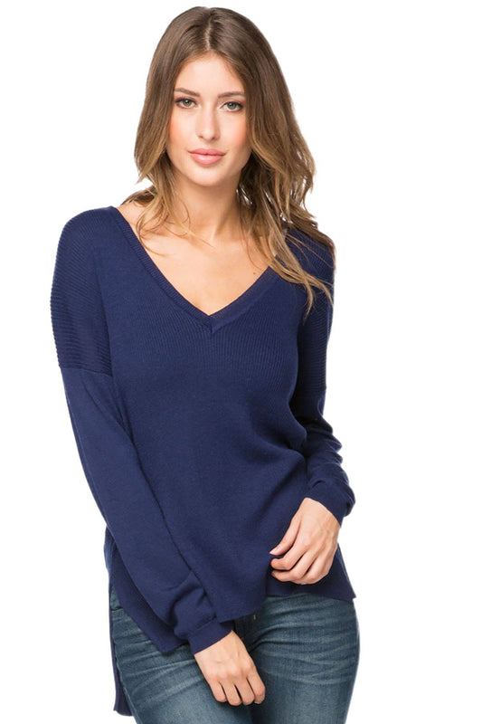 Zen Blend Emma Textured V-neck Pullover Sweater: Admiral / Zen Blend / XS/S
