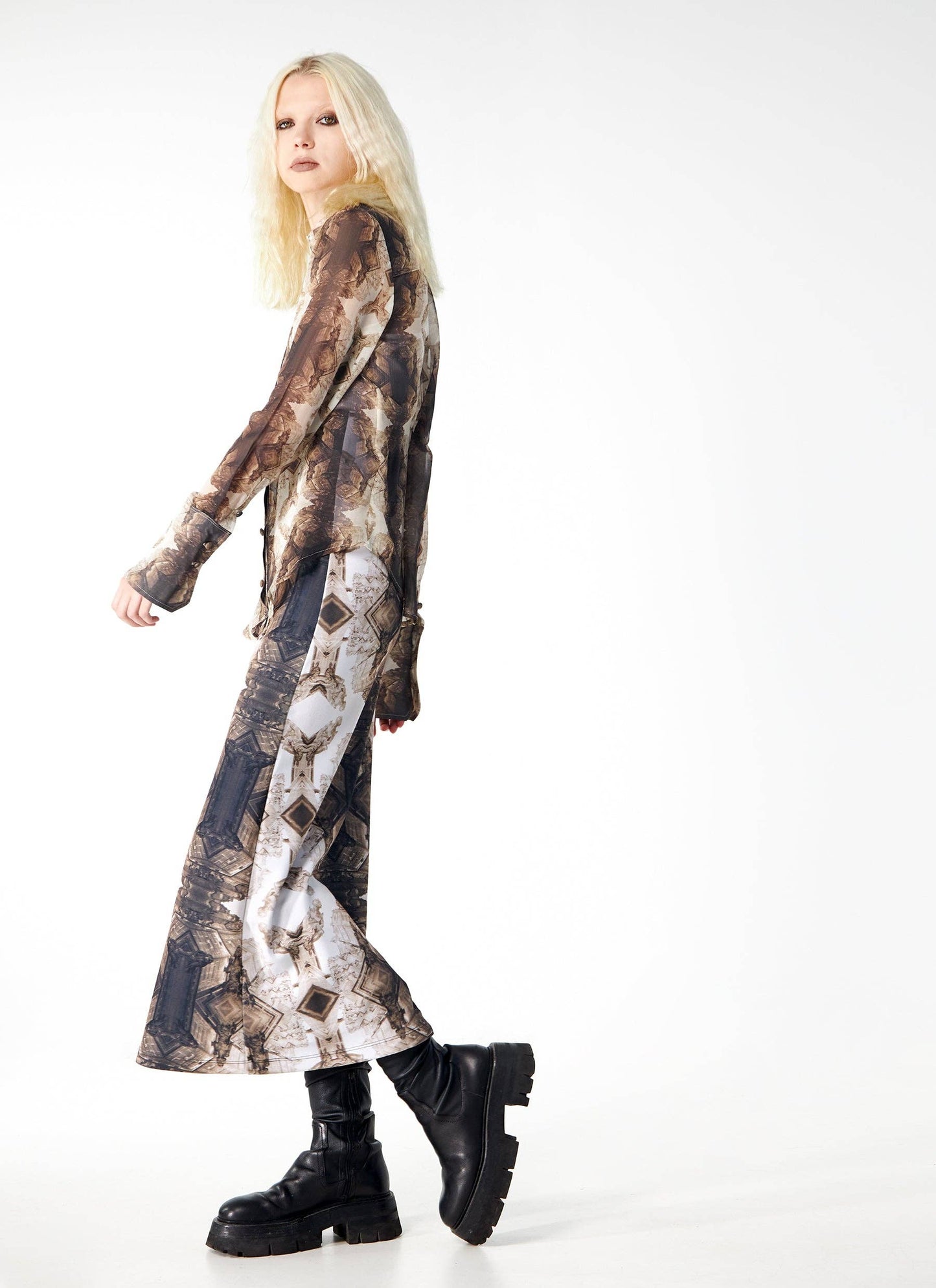 Babs Body-hugging Midi Skirt - Sepia Gargoyles Print Design: Sepia / X-Small / Gargoyles