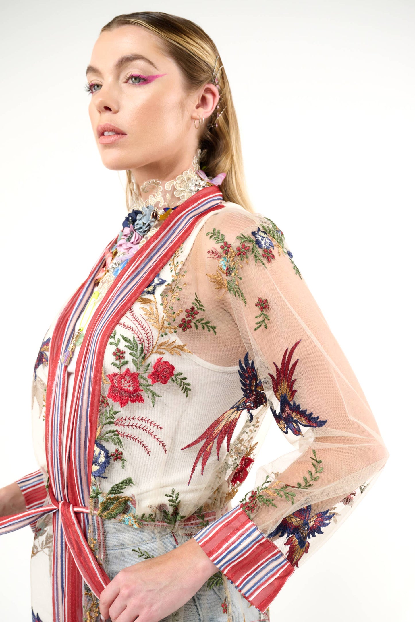 Jade Embroidered Mesh Duster / Topper: Red Stripe/Emb / M