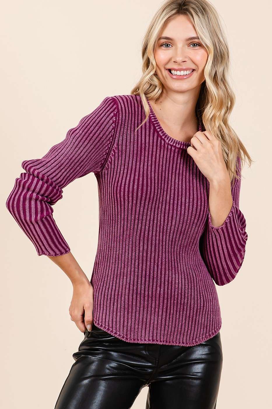 Mineral Wash Fitted Long Sleeve Rib Knit Sweater S20772