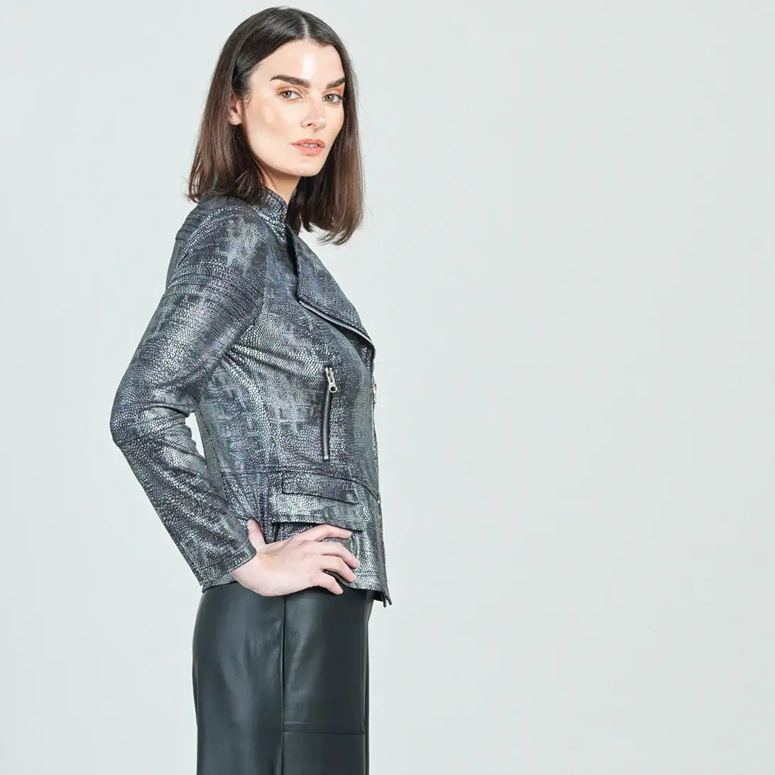 JK75SH - Metallic Liquid Leather ™ Textured Biker Jacket: Gun metal / XL