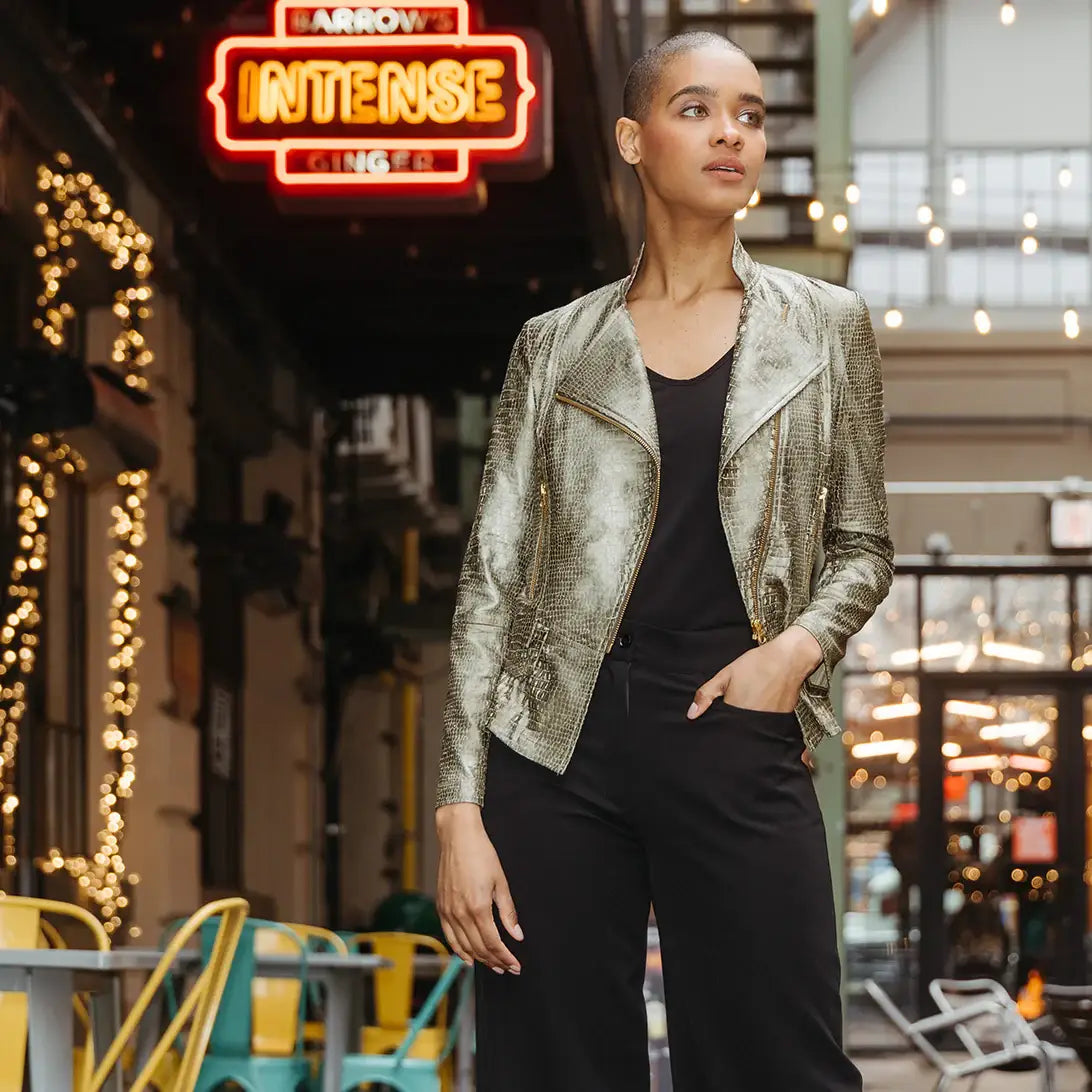 JK75P - Liquid Leather ™ Textured Biker Jacket - Croc Print: OLIVE / M