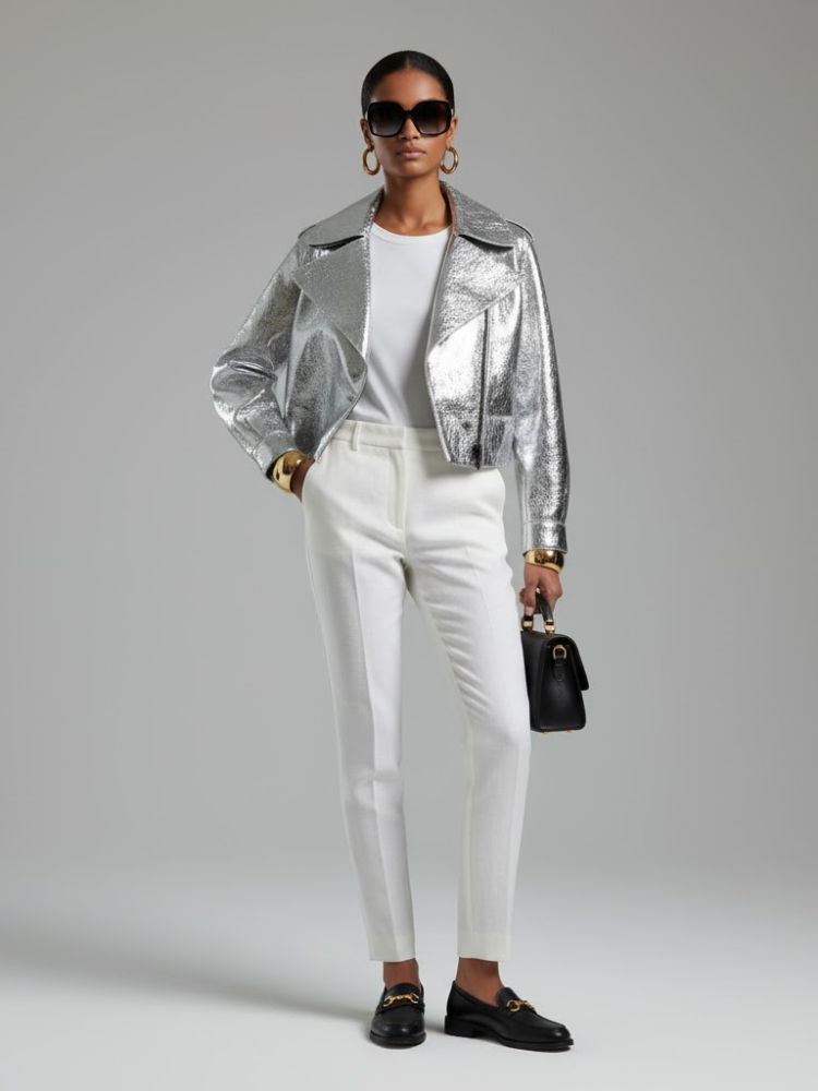 Women's Metallic Vegan Leather Biker Jacket SILVER WALL STREET COUTURE BYMANYC ® New York: Silver / S
