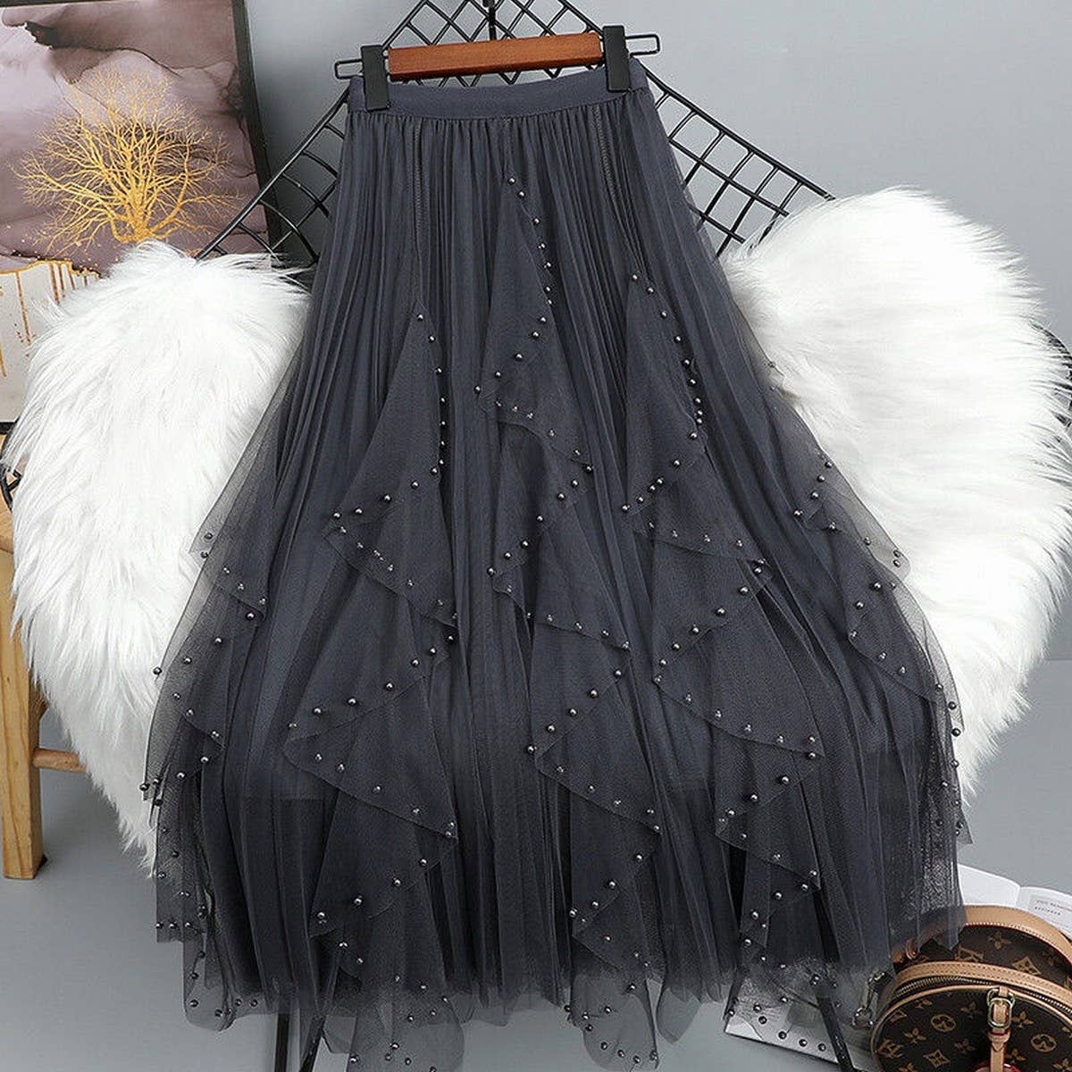 BEADED MESH PLEATED SKIRT A LINE TULLE SKIRT_CWBLS0398: Black / (OS) 1