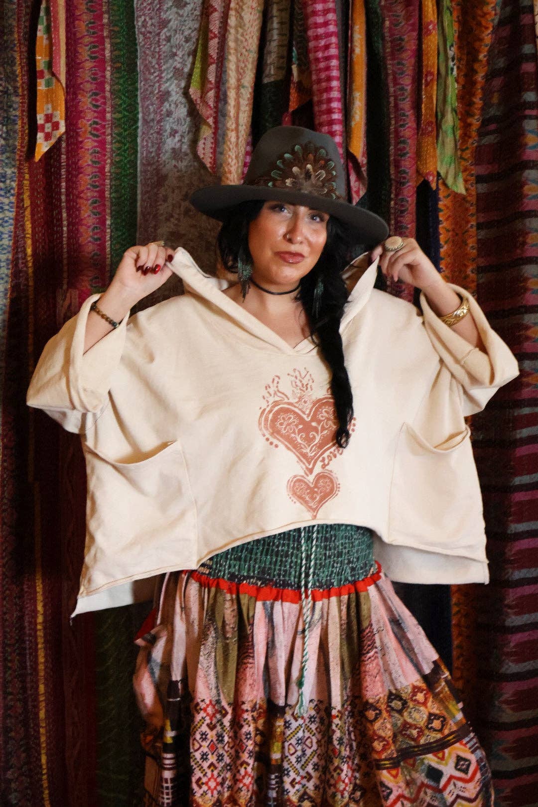 Kantha Bae Dream Cropped Hoodie - Cream Boho Heart Graphic: Default Title