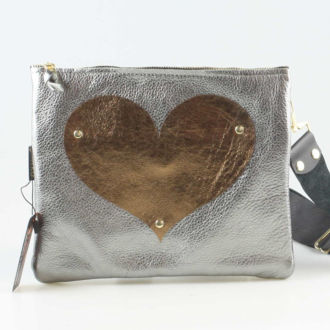 The Applique Taylor Crossbody Bag: Gunmetal w/Platinum Heart / Unlined / 11"x9.5"