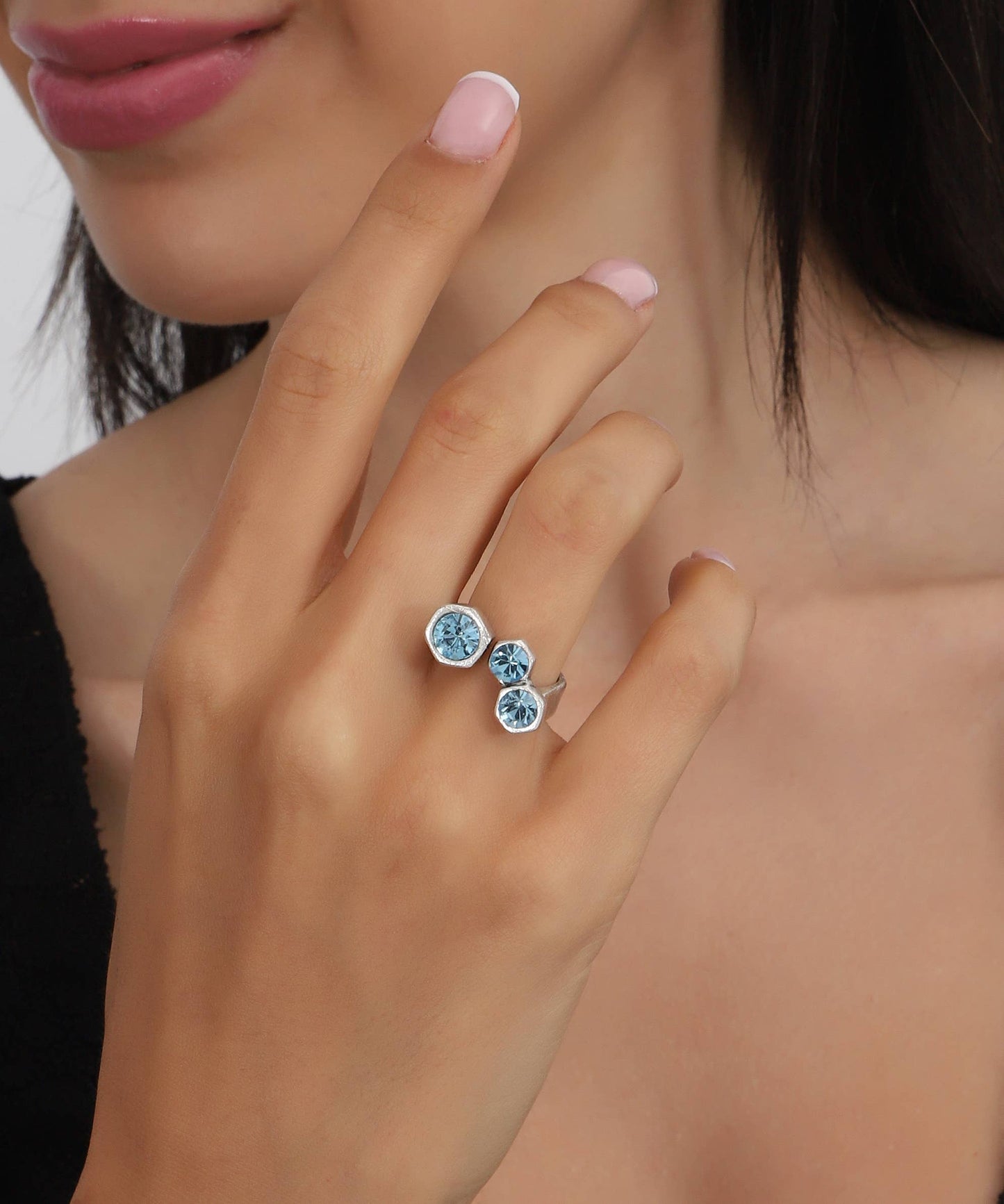 Turquoise Crystal Stone Free Size Ring Set: Silver / Brass