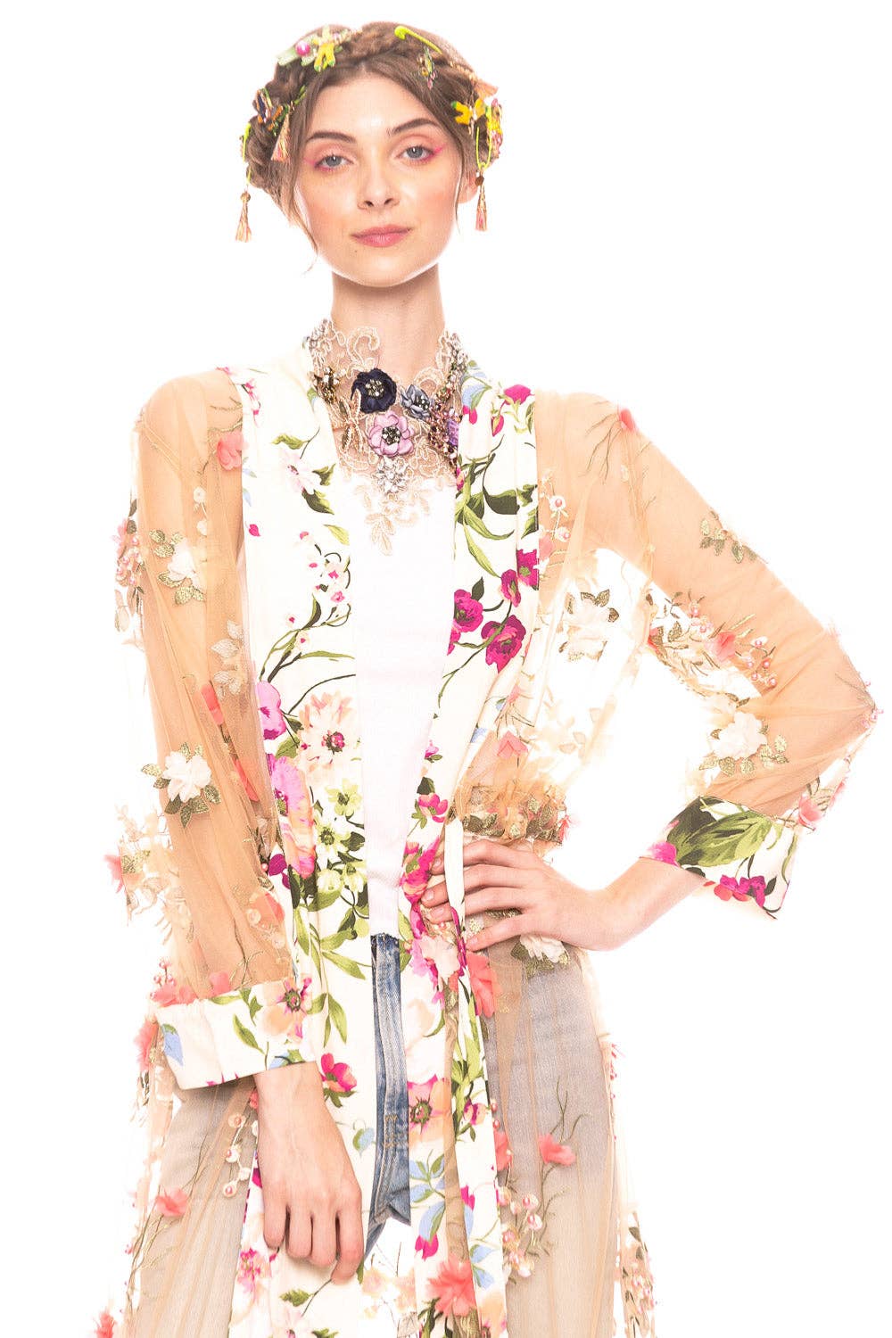 Floral Fantasy Kimono | Pink Floral Kimono | Mesh Kimono: Pink Floral Embroidery / L