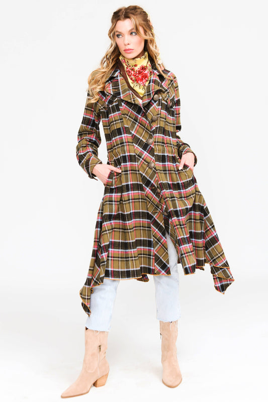 Coco Plaid Trench Coat: Black/Fuschia / L