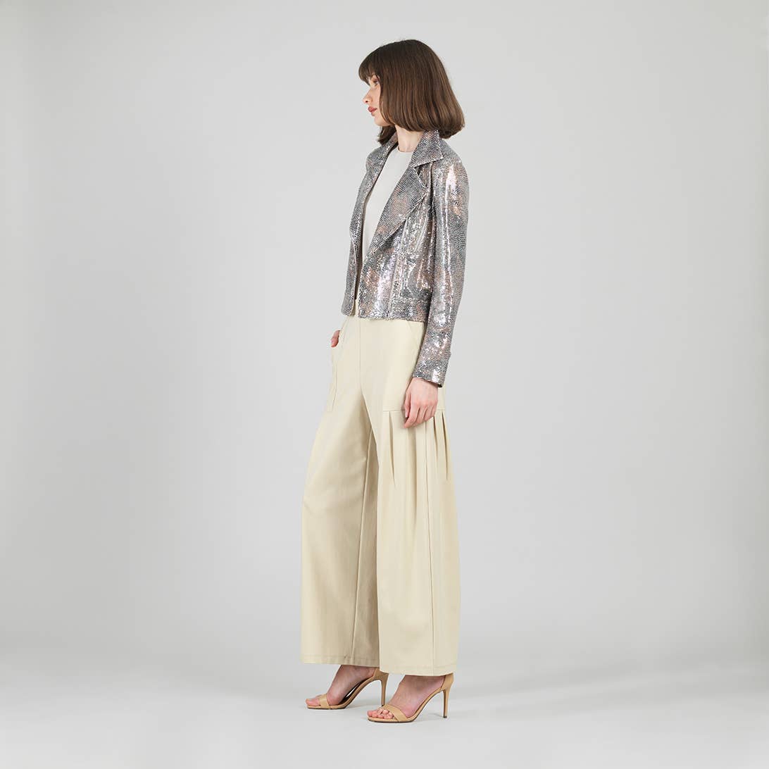 JK427S - Sequin Knit - Moto Waist Jacket: Champagne / S