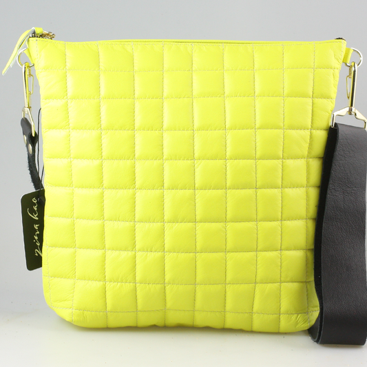 The Quilted Crosby Crossbody: 9"x9.5" / Black Leather Strap / Neon Yellow