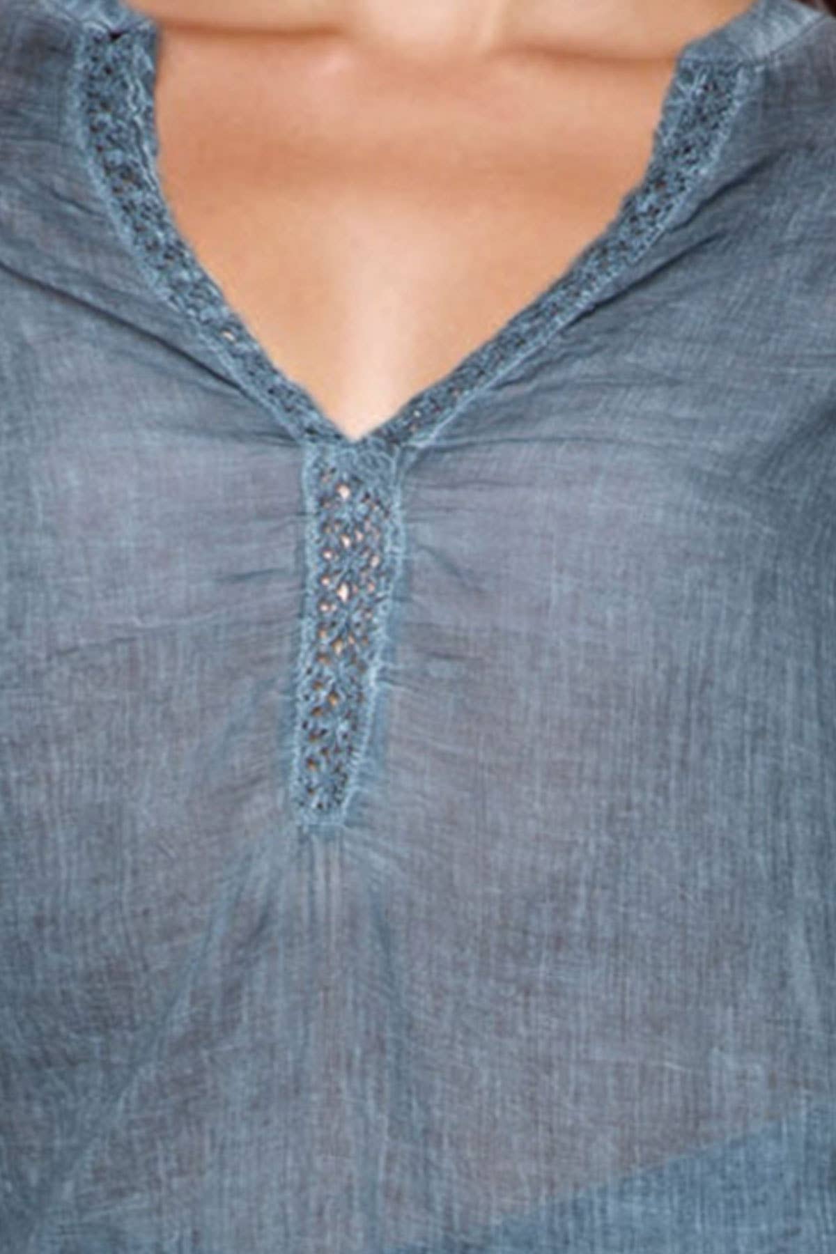 Open Collar Lace Cotton Shirt - Pigment Dye: Dark Denim / 100% Cotton / S/M