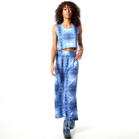Babs Lightweight Wide Leg Pants - Blue Cloud Print: S