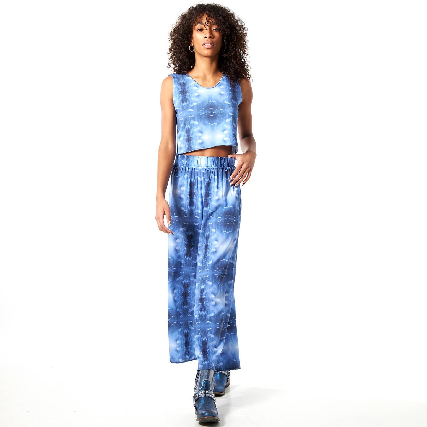 Babs Lightweight Wide Leg Pants - Blue Cloud Print: L