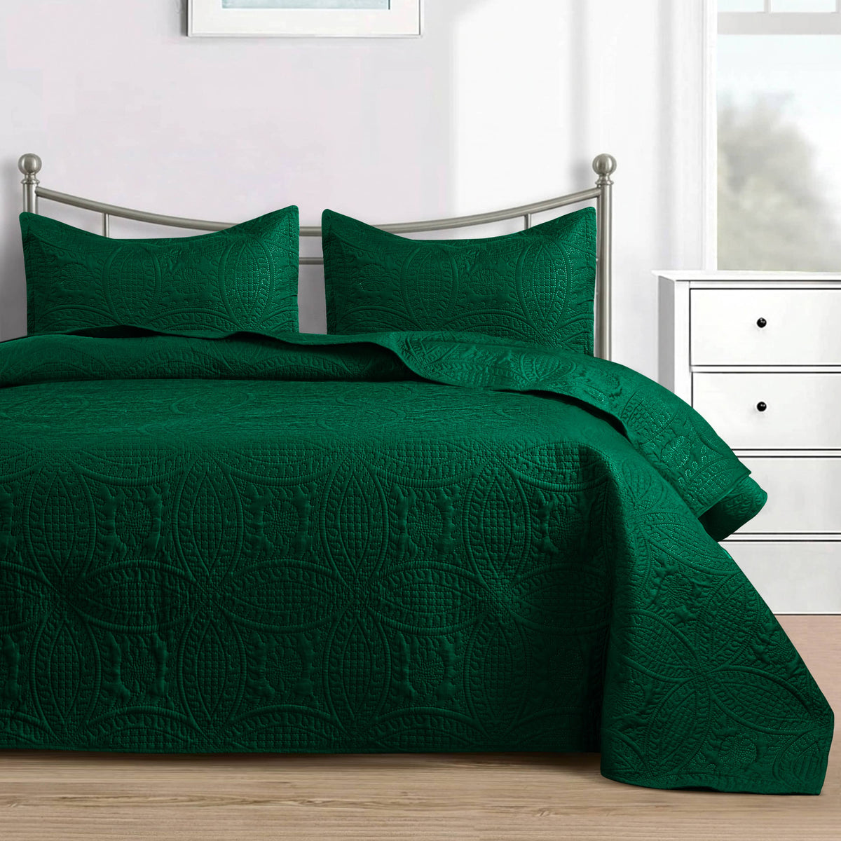 Quilted Bedspread 3 Pc Coverlet Bedding Quilt Set All Season: Full/Queen / Grey
