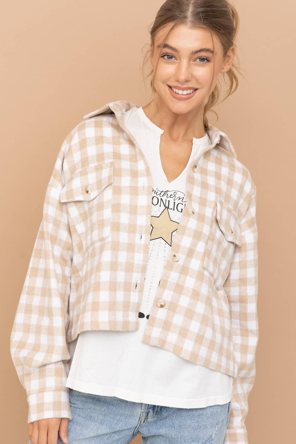 31857J - Yarn Dyed Brushed Crop Pocket Front Shirt Jacket: ROSE / S