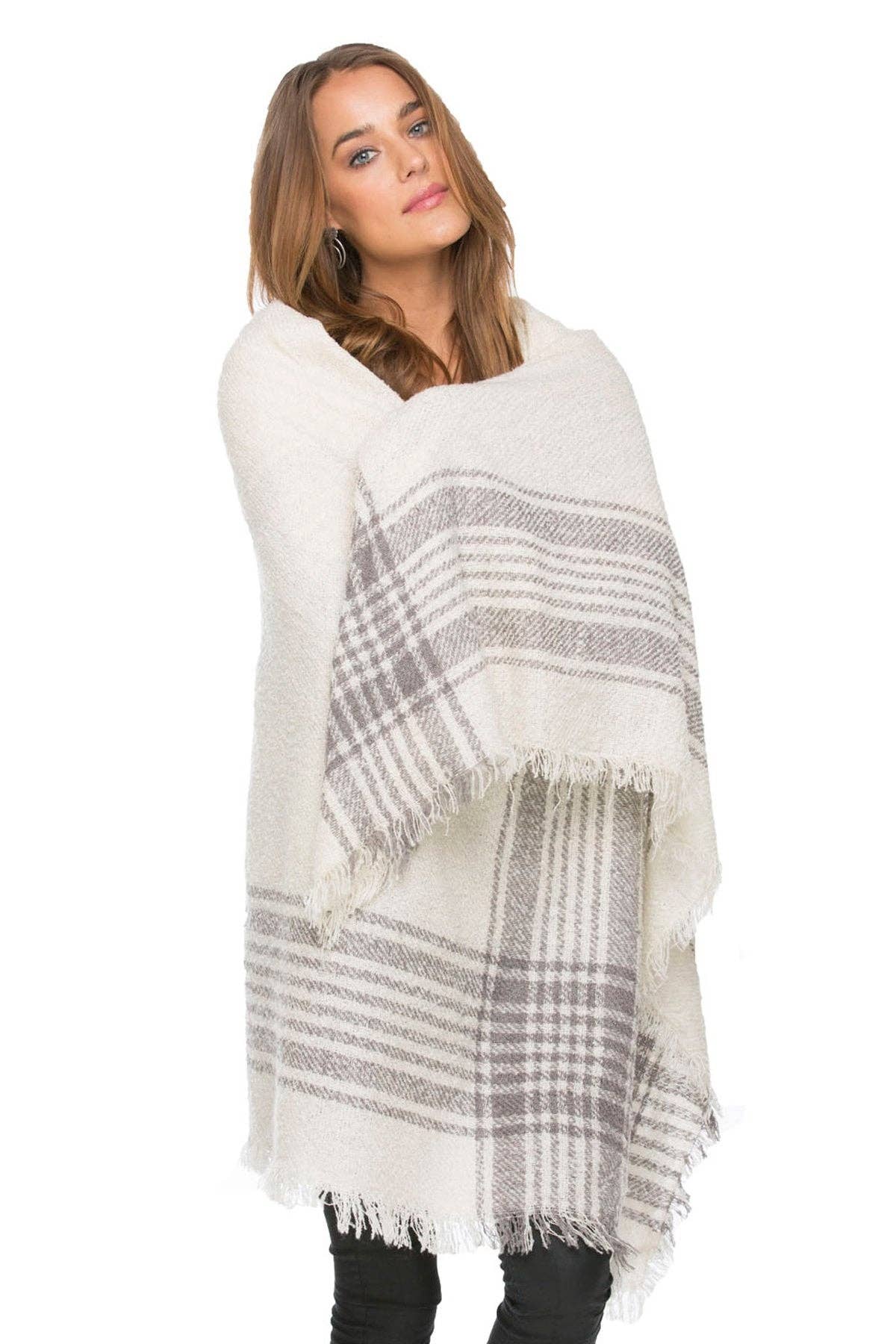 Plaid Border Blanket Scarf Wrap: Eggshell / One Size