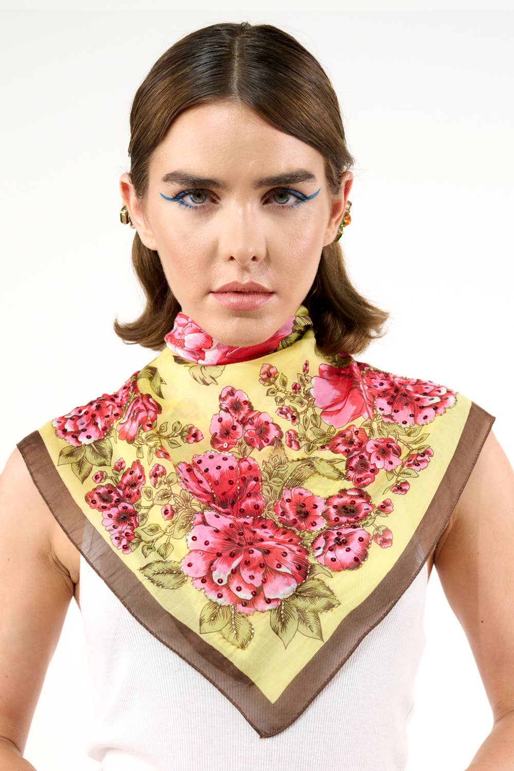 Beauty Hand Embellished Bandana Scarf: Yellow/red floral / One Size