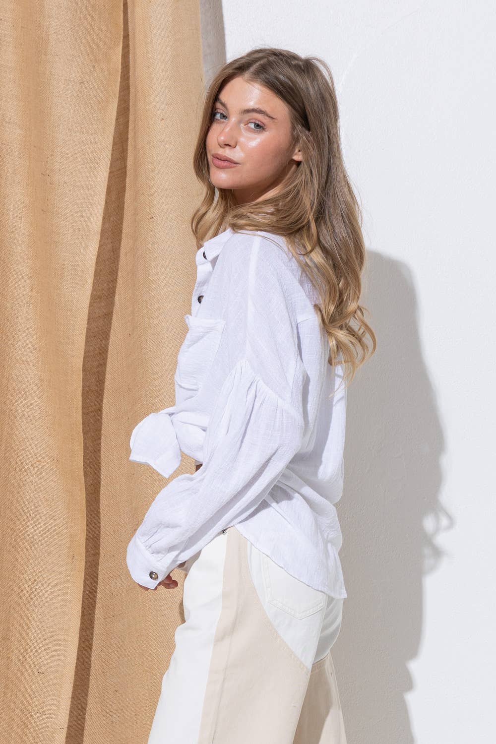 31938T - Washed Cotton Button Up Shirt Blouse: FUCHSIA / SMALL