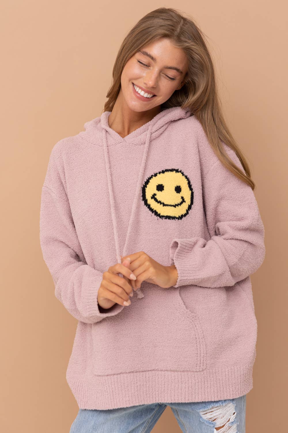 17376W - Fuzzy Cozy Hooded Smiley Sweater: DUSTY BLUE / M/L