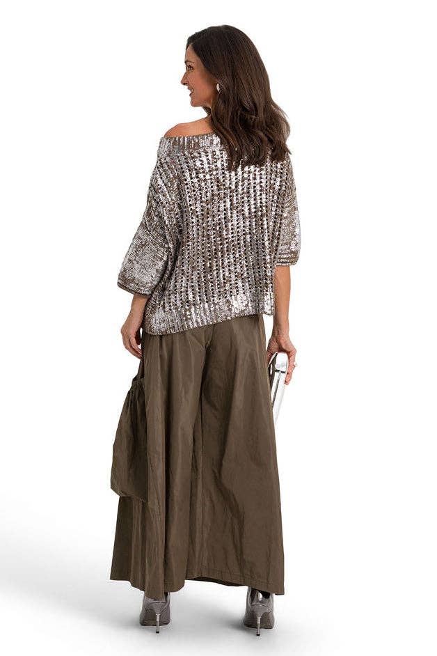 Cotton Metallic Crochet Boatneck Sweater - Turtle/Silver