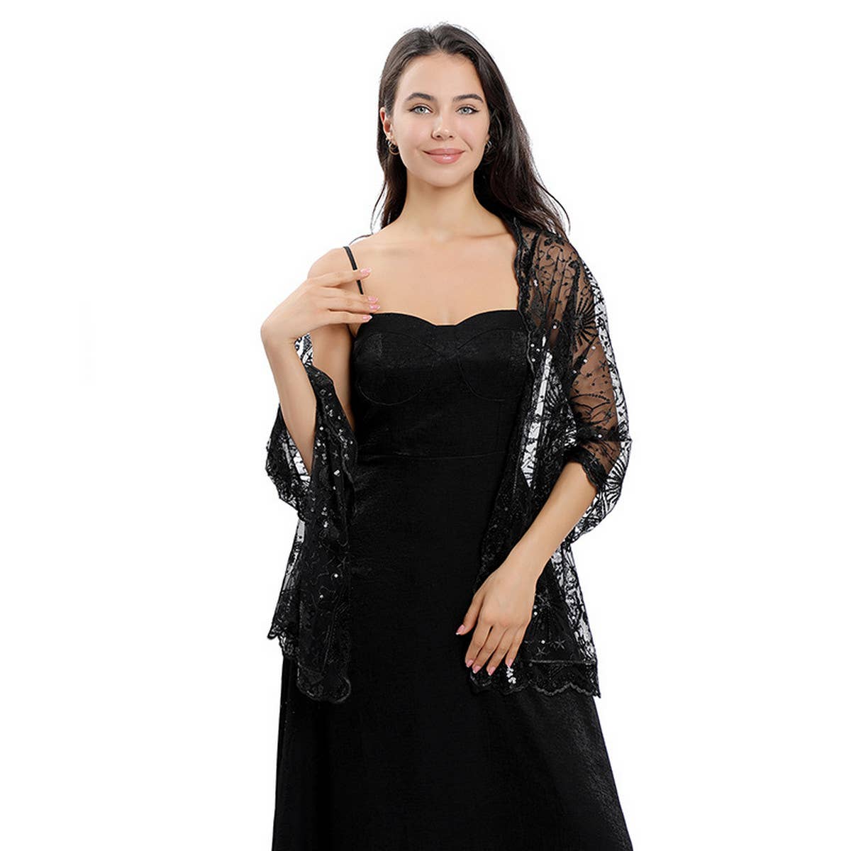 STARS AND MOON EMBROIDERED SHAWL_CWASC1079: BLACK3 / (OS) 1