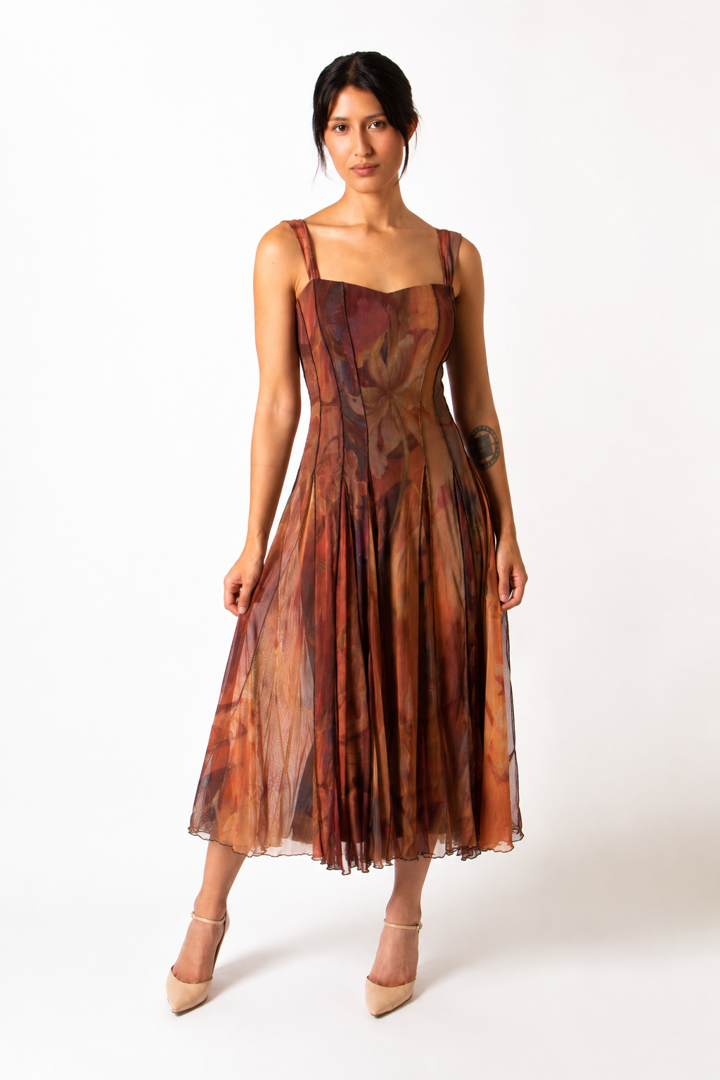 IONNA Sleeveless Tea Length Fit N Flare Paneled Dress : M