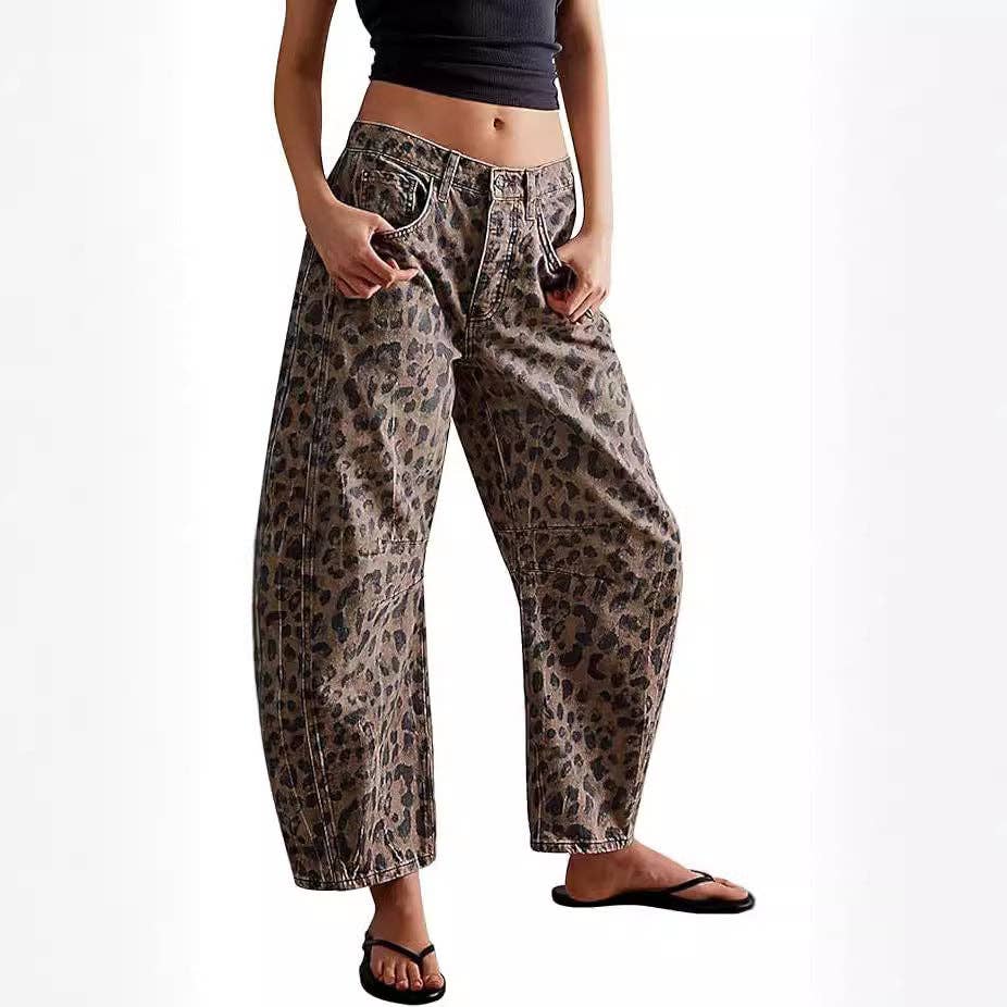 Casual Loose Mid-Rise Straight-Leg Women's Jeans: Brown Leopard / L