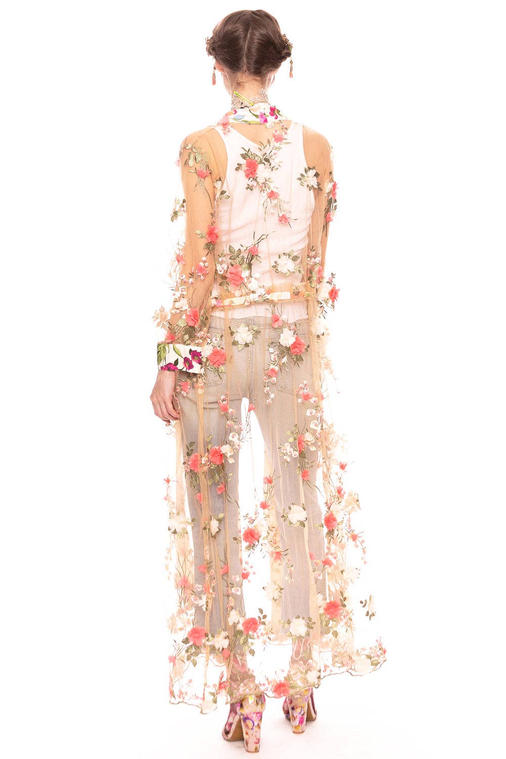 Floral Fantasy Kimono | Pink Floral Kimono | Mesh Kimono: Pink Floral Embroidery / L