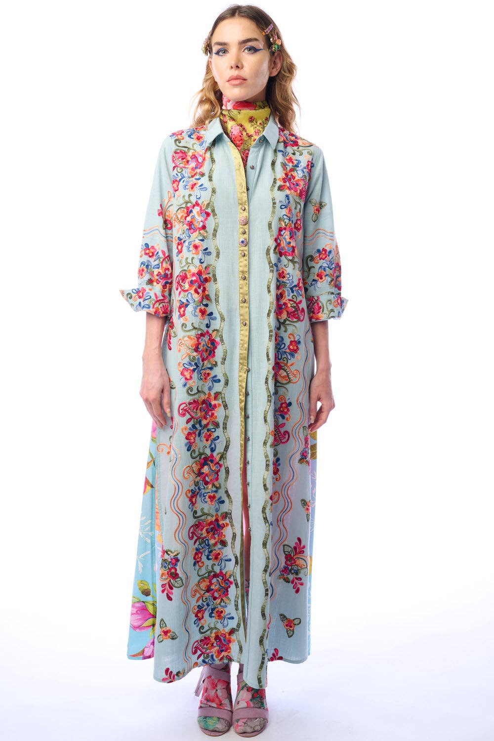Beauty Mark Maxi Duster-Blue | Duster Dress | Spring Dress: Slate Blue / M