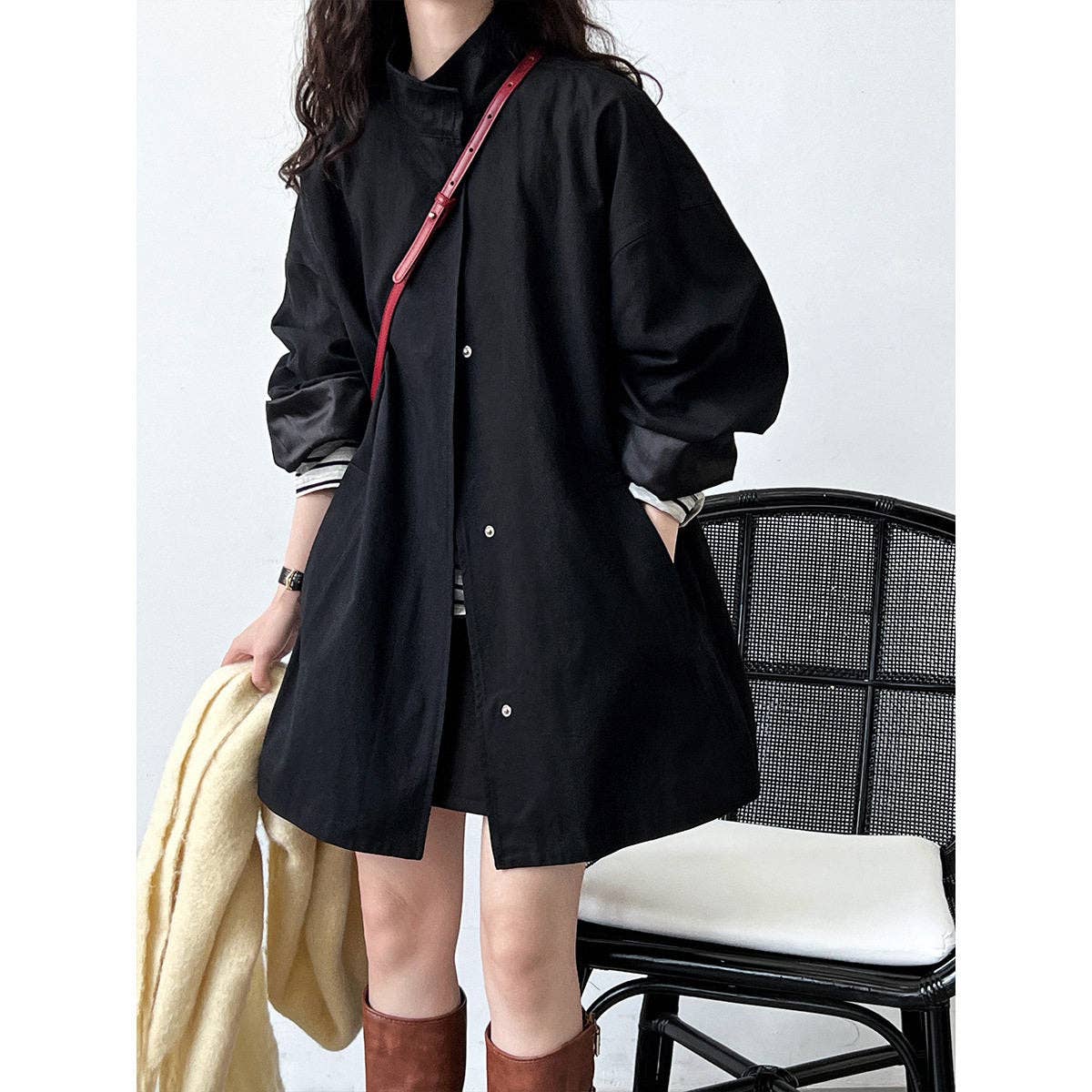 Solid Color Loose Fit Stand Collar Trench Coat: Coffee Color / M