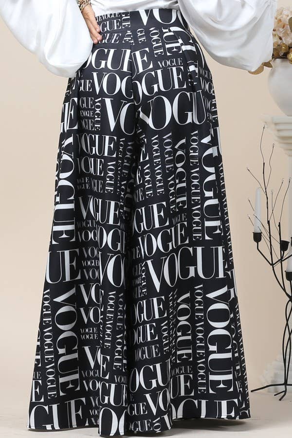 P919-2467-Vogue Bk print palazzo pants: Black / L